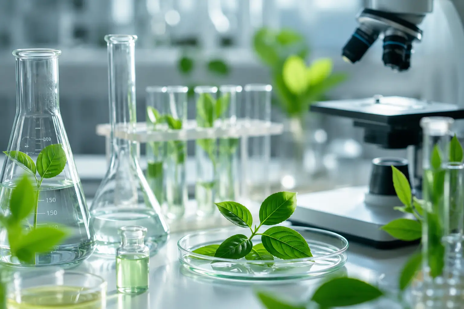 Plant leaves in laboratory glassware beside a microscope