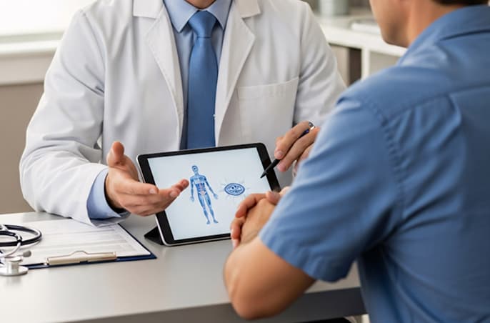 Doctor showing a patient a body diagram on a tablet